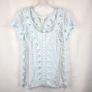 Sundance Lace Baby Blue Sheer Embroidered Top Women's XS Boho Chic Romantic